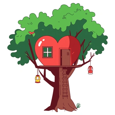 A red treehouse shaped like a heart is nestled among the branches of a sturdy brown tree. The treehouse features small windows with white frames and a door painted in a complementary shade of red. Lush green leaves surround the structure, filtering sunlight that casts playful shadows on the tree's bark. A wooden ladder leads up to the entrance, and whimsical decorations, such as colorful lanterns, hang from the branches nearby. A few small birds can be seen perched on the branches, adding life to the serene scene.