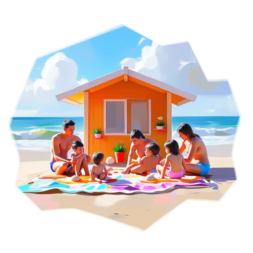A family is gathered around a small beach hut made of wood, with colorful beach towels spread out nearby. The scene captures several family members of diverse ages and appearances, including children playing in the sand and adults chatting. The beach hut is adorned with seashell decorations, and there are small potted plants on the porch. The background features a wide view of the ocean, with gentle waves lapping at the shore and a clear blue sky overhead. The sun casts bright light, creating a cheerful atmosphere.