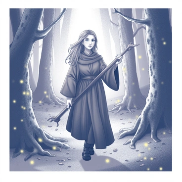 A witch with long, flowing hair dressed in a detailed robe, carrying a gnarled wooden staff, is wandering through a dense forest. The trees are tall and ancient, their branches twisting upward. The ground is covered in a thick layer of leaves and moss. Small, glowing lights illuminate the scene, appearing to float between the trees. The witch has an expression of curiosity as she explores her surroundings, with her staff raised slightly to guide her path. The atmosphere is filled with an enchanting sense of wonder as she moves deeper into the forest.