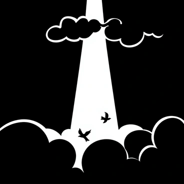 A beam of light piercing through dense dark clouds, illuminating a small area below. The clouds are thick and swirling, creating a dramatic contrast with the brightness of the light. In the illuminated area, there are silhouettes of birds in flight, suggesting movement and a sense of liberation. The composition emphasizes the sharpness of the beam against the surrounding darkness.