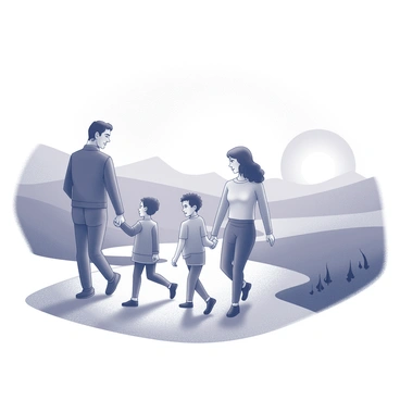 A family composed of four individuals is walking along a path. The parents, a father and a mother, are holding hands as they lead their two children, a boy and a girl, who are also holding hands. The expressions on their faces convey determination and resilience. In the background, a sunrise is visible on the horizon, casting light and illuminating the sky. The landscape around them features gentle hills and sparse vegetation, emphasizing the journey they are undertaking. The scene is filled with a sense of movement as the family walks together towards a brighter future.