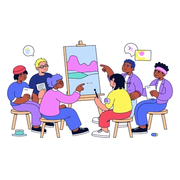 A group of five artists sitting in a circle on simple wooden stools. Each artist has a unique appearance, with one wearing a red beret, another with round glasses, a third sporting colorful hair, and the others dressed casually. In the center of the circle is a large canvas displaying a landscape painting. The artists are engaged in conversation, pointing at the canvas and sharing notes. One artist has a sketchbook open on their lap, while another holds a paintbrush. The backdrop consists of plain walls with a few scattered art supplies like paint tubes and brushes.