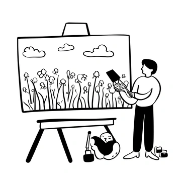 An artist standing in front of a large canvas, holding a brush in one hand and a palette in the other. The canvas showcases a landscape scene with a vast field of "echinacea" flowers, their distinct shapes and textures visible. Above, a "bright sky" stretches across the top of the image, with clouds gently scattered throughout. The artist's easel stands firmly on the ground, positioned to capture the beauty of the blooming flowers in the foreground. A few paint tubes and brushes are scattered on the ground near the artist, adding to the creative atmosphere.