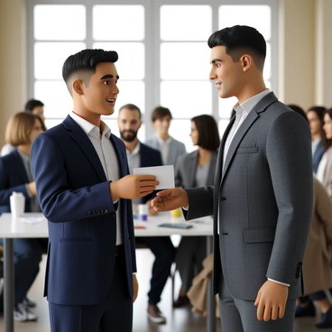 A professional man with short black hair and wearing a navy blue suit is exchanging business cards at a networking event. He holds a white business card in one hand while extending the other hand towards another individual, who is dressed in a gray suit. The background features a softly blurred setting with a group of people conversing and a table displaying promotional materials. The atmosphere is filled with a sense of engagement and professionalism.