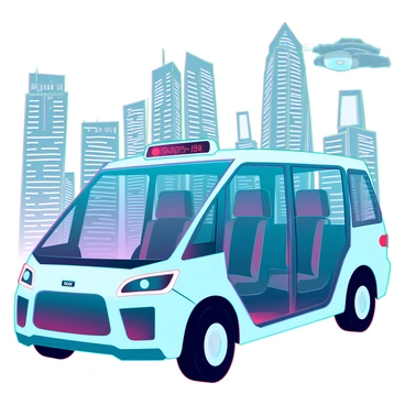 A futuristic taxi with a sleek, aerodynamic design featuring transparent panels that provide a clear view of the interior. The vehicle has illuminated outlines that change color in response to passenger interaction. Inside, the advanced dashboard technology consists of holographic displays showing navigation, speed, and environmental data. There are comfortable, modular seats that can adapt to the number of passengers. The taxi is driving through a bustling city filled with tall, illuminated buildings and flying vehicles in the sky.
