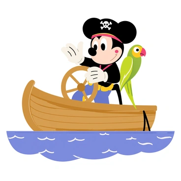 Minnie Mouse is dressed in a pirate outfit, complete with a black hat adorned with a skull and crossbones. She is confidently steering a ship with a firm grip on the wheel. A colorful parrot, with vibrant green feathers and a bright red beak, is perched on her shoulder, looking around curiously. The ship is sailing on a blue sea with gentle waves, and a sunny sky is visible in the background.