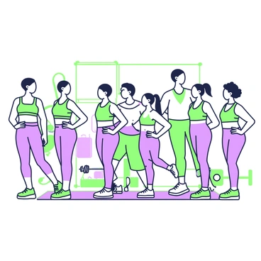 A group of eight individuals is participating in a fitness class, performing synchronized hip thrusts. They are positioned in two rows on a gym mat, facing forward. Each participant has their hands resting on their hips, with their legs bent and feet flat on the mat. The individuals vary in gender and body types, showcasing diversity. There is a fitness instructor at the front, demonstrating the movement with enthusiasm. The background includes fitness equipment such as weights and exercise mats, creating a vibrant gym atmosphere.