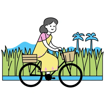 A traditional Indian girl, wearing a colorful saree with intricate patterns, is riding a bicycle through a lush green rice field. Her long hair is neatly tied back, and she has a gentle smile on her face. The bicycle is simple, with a black frame and a wicker basket attached to the front. The rice plants are tall and vibrant, swaying slightly in the breeze. In the distance, there are a few palm trees against a clear blue sky, completing the serene landscape.