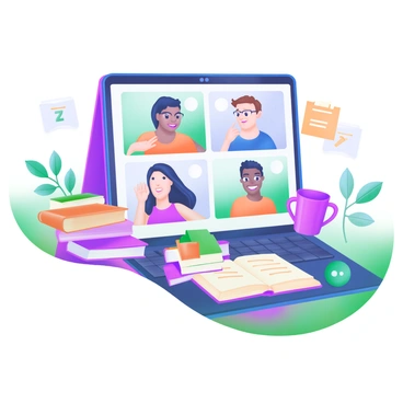 A modern pastel illustration depicting a group of four book club members participating in a video call. Each member is visible on their own screen, with one person showing excitement, another with a thoughtful expression, and the last two nodding in agreement. They are surrounded by stacks of books, colorful mugs, and notes. The background features a cozy room setting with plants and soft lighting, creating a warm atmosphere for their discussion.