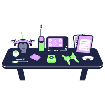 A sleek black table is centered in the image, showcasing an array of espionage gadgets arranged meticulously. At the front, there is a small, silver camera disguised as a button. Next to it lies a compact, black communication device with an illuminated screen displaying notifications. To the right, a set of lock-picking tools is neatly laid out, glinting under the light. Further back, there is a miniature drone with foldable propellers, poised for action. Behind these items, a pair of dark sunglasses with a thin frame rests, alongside a small notebook with a pen. The surface of the table reflects the design of each gadget, enhancing their intricate details.