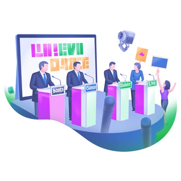 A modern pastel illustration depicting a scene of a live televised debate. Several candidates are standing behind their individual podiums, each adorned with a nameplate featuring the candidate's name in "bold black letters." The podiums are positioned on a stage with a backdrop displaying "Live Debate" in large, colorful letters. A camera is focused on the candidates, and there are microphones placed in front of each podium. The audience is visible in the background, with some people holding signs and cheering, adding to the lively atmosphere of the debate.