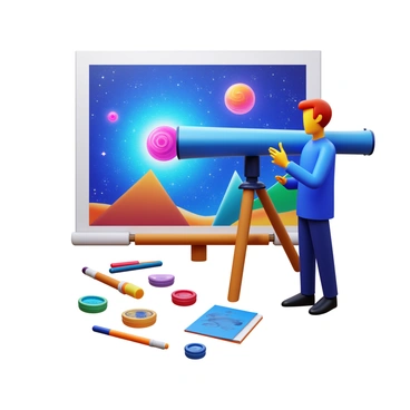 An artist standing beside a telescope. The telescope is pointed towards a starry sky, revealing vibrant illustrations of distant worlds and celestial scenes. The artist, with a focused expression, is holding a sketchbook, capturing the intricate details of what they see through the telescope. Surrounding the artist, colorful art supplies are scattered, including pencils and paints. The scene conveys a sense of exploration and creativity, with swirling galaxies and imaginative landscapes visible through the telescope.