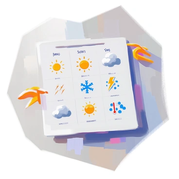A detailed chart featuring various weather symbols and their corresponding meanings. Each symbol is clearly illustrated: a sun, a cloud with rain, a snowflake, a lightning bolt, and a thermometer. The symbols are arranged in a grid format with labels underneath each one, describing terms such as "Sunny," "Rainy," "Snow," "Thunderstorm," and "Temperature." The background of the chart is a soft color to enhance the visibility of the symbols and text.