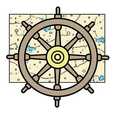 A detailed ship wheel, featuring wooden spokes and a brass center, is prominently placed in the foreground. Behind it is a vintage nautical map, displaying intricate lines and markings representing various sea routes and points of interest. The map has aged textures, including faded colors and yellowed paper, creating an authentic historical feel. The wheel's position suggests a sense of navigation and adventure, complementing the maritime theme of the map.
