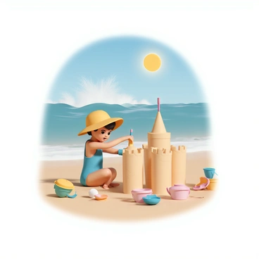 A young girl named Marie, wearing a bright blue swimsuit and a wide-brimmed sun hat, is intently building a sandcastle on a sandy beach. She is sitting on the warm sand, surrounded by various colorful plastic buckets and shovels. The sandcastle has tall towers, and she is adding intricate details to its walls. In the background, gentle waves are crashing against the shore, creating a refreshing spray of water. The sky above is clear and blue, with the sun shining brightly, casting warm shadows on the beach.