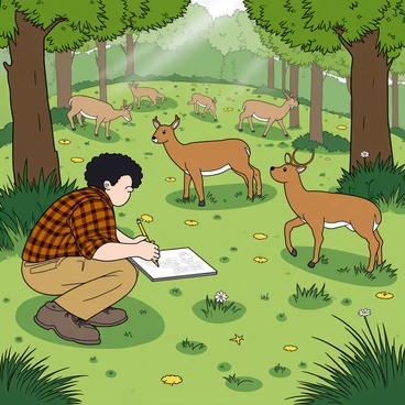 An artist with light skin and curly black hair is crouched down in a dense patch of green underbrush, blending in with the surrounding foliage. They are wearing a brown plaid shirt and cargo pants. In their hands, they hold a sketchpad and a pencil, focused intently on a small group of deer grazing nearby. The forest is filled with tall trees, vibrant green leaves, and scattered wildflowers, creating a rich background. Sunlight filters through the canopy, casting dappled shadows on the ground, enhancing the tranquil atmosphere of the scene. The artist's sketchpad shows detailed drawings of the wildlife, capturing the beauty of the deer in motion.