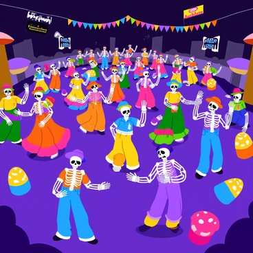 A vibrant festival scene set in the underworld, filled with colorful decorations and glowing lights. Numerous skeletons are celebrating and dancing joyfully, adorned with vibrant clothing and accessories. Some skeletons wear bright hats and feather boas, while others twirl in flowing skirts or colorful shirts. The ground is decorated with glowing mushrooms and comic-style banners. The atmosphere is lively, with some skeletons playing musical instruments, like maracas and drums, while others cheer and clap along to the rhythm.