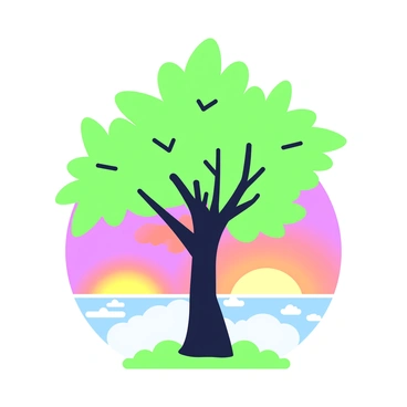 A silhouette of a mango tree stands prominently in the foreground. The tree features a thick trunk and a sprawling canopy with numerous leaves extending outward. In the background, a sunset sky displays vibrant colors fading into one another, creating a gradual gradient. The horizon glows brightly with a mix of shades, while the upper sky transitions into deeper hues. The mango tree's outline is stark against this bright backdrop, emphasizing its shape and structure.