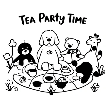 A goldendoodle sitting on a checkered blanket, surrounded by a variety of stuffed animals. The goldendoodle has a playful posture, with one paw resting on a teapot. There are several teacups placed around, some tipped over, and a plate of cookies in front of the stuffed animals. The stuffed animals include a teddy bear, a bunny, and a giraffe, each positioned as if they are enjoying the tea party. The scene is set in a park with a few trees and flowers in the background. The words "Tea Party Time" are displayed above the gathering.