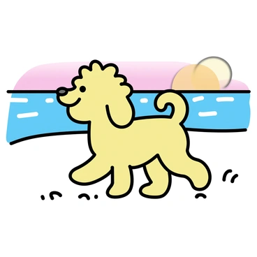 A goldendoodle with fluffy, golden fur is walking along the beach. The dog has its tail wagging and a happy expression. The sun is setting on the horizon, casting warm orange and pink hues across the sky. The beach is lined with fine, golden sand, and there are distinct footprints trailing behind the dog. The gentle waves of the ocean can be seen in the background, lapping softly at the shore.