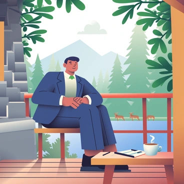 A CEO with short black hair and wearing a tailored navy suit is sitting on a wooden deck of a rustic cabin. The cabin has a stone chimney and is surrounded by tall pine trees. In front of the CEO, there is a wooden table with a steaming cup of coffee and a notebook with a pen. The sunlight filters through the leaves, casting soft shadows on the deck. In the background, a serene lake reflects the surrounding mountains, and a family of deer can be seen grazing peacefully at the edge of the water. A gentle breeze rustles the leaves, enhancing the sense of tranquility in the scene.