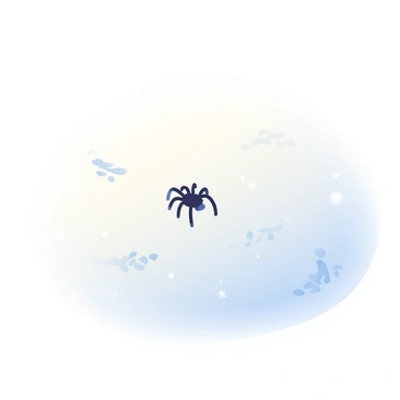 A small, dark spider is cautiously moving across a blanket of freshly fallen snow. The snow is sparkling under soft daylight, creating a shimmering effect. Tiny tracks are visible behind the spider, showing a delicate pattern in the smooth, white surface. Each track is faint yet distinct, leading away from the spider. The surrounding snow is untouched, highlighting the contrast between the spider's movement and the pristine landscape. The air is crisp, and the scene conveys a sense of stillness and tranquility.