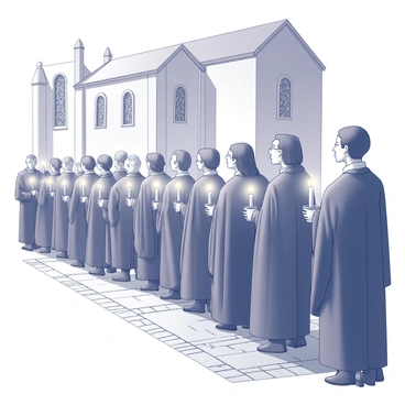 A solemn Easter procession takes place on a narrow cobblestone street. A line of churchgoers is gathered, dressed in formal attire, with some wearing long robes. Each person is holding a candle, its flame flickering gently in the evening air. The faces of the participants reflect a deep sense of reverence and commitment. A small group of singers is positioned at the front, their mouths open as they sing hymns, creating a harmonious atmosphere. The backdrop includes an ancient church with tall stained-glass windows, partially illuminated by the candlelight.