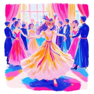 A young girl wearing an elegant gown with intricate lace detailing and a flowing skirt is dancing gracefully at a masquerade ball. Her gown is adorned with shimmering sequins that catch the light as she moves. She is wearing a decorative mask that features ornate designs and feathers, partially obscuring her face. The ballroom is filled with other elegantly dressed attendees, and colorful decorations create a festive atmosphere. Soft candlelight illuminates the scene, highlighting the girl's joyful expression as she twirls on the dance floor.