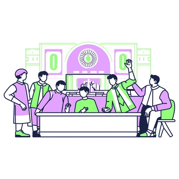 A lively debate session is taking place in the Lok Sabha. Several members are seated at their desks, engaging in animated discussions. One member is standing, raising their hand to make a point, while others lean forward in their seats, showing intense interest. Some members display expressions of enthusiasm and determination. The chamber is filled with rows of desks, each occupied by representatives in formal attire. Above them, the ceiling features decorative elements, and the walls are adorned with parliamentary symbols. A large emblem is visible in the background, showcasing the identity of the Lok Sabha.