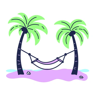 A tropical beach scene is displayed with soft, fine sand stretching along the shore. Tall palm trees with long, slender trunks are scattered throughout the area, providing ample shade. In the center, there is a hammock suspended between two palm trees, gently swaying in the light breeze. The lush green leaves of the palms contrast with the relaxed setting. Small waves can be seen lapping at the shore, and a few seashells are scattered in the sand nearby.