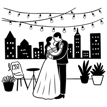 A bride and groom embracing on a stylish urban rooftop. The bride wears an elegant wedding dress with intricate lace details, while the groom is dressed in a sharp suit. They stand close together, surrounded by decorative string lights that hang above them. The city skyline is visible in the background, with tall buildings illuminated by a multitude of lights. The rooftop is adorned with potted plants and modern furniture, creating a cozy atmosphere for the couple. Words "Just Married" are displayed prominently in the scene.