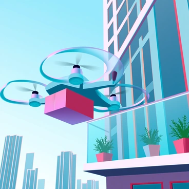 A small drone with a sleek, aerodynamic design is hovering in front of a high-rise apartment balcony. The drone is equipped with four rotors and a compact, rectangular delivery package attached securely underneath. The balcony features a glass railing and is adorned with potted plants, offering a vibrant touch. The backdrop shows a city skyline with tall buildings under a clear blue sky. Sunlight reflects off the glass surfaces of the apartment, creating a bright and modern setting.