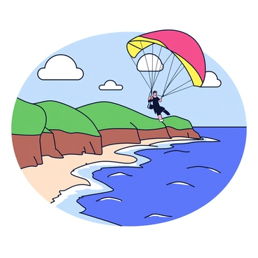 A paraglider with a bright red and yellow canopy is soaring above a coastal landscape. Below, the ocean waves crash energetically against the rocky shoreline. The coastline features sandy beaches interspersed with jagged cliffs. The sky is partly cloudy, allowing sunlight to reflect on the water’s surface, creating a shimmering effect. In the background, rolling green hills rise up toward the horizon.