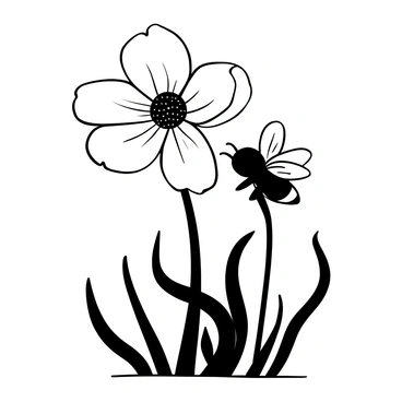 A bee with detailed wings hovering near an anemone flower, which has multiple petals arranged in a circular pattern. The bee is positioned to collect pollen from the center of the flower. The flower has long, slender green stems and leaves surrounding it, creating a natural habitat. Delicate lines illustrate the texture of the flower petals and the bee's body, emphasizing the interaction between them.