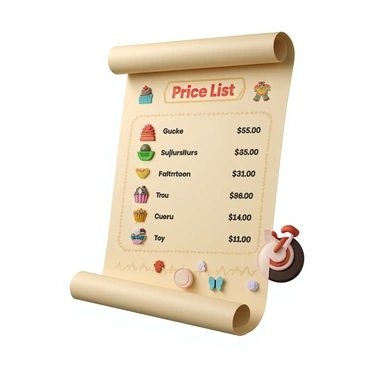 An illustrated price list featuring colorful, whimsical designs. The price list is displayed on a large, scroll-like parchment with decorative borders and playful fonts. Various items are listed, each accompanied by animated elements such as a bouncing cupcake, swirling ribbons around a toy, and fluttering butterflies near the prices. The overall composition gives a lively and inviting feel, enhancing the experience of viewing the prices.