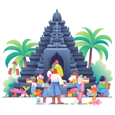 A traditional Balinese ceremony is taking place in a temple made of dark stone, featuring intricate carvings and statues. The temple is adorned with colorful offerings, including vibrant flowers and fruits, placed meticulously at its entrance. Participants are dressed in traditional Balinese attire, with men in white shirts and sarongs and women in bright, patterned dresses. Some individuals are holding offerings above their heads, while others are engaged in prayer, facing the temple. Surrounding the temple, tall palm trees and dense greenery create a rich, vibrant backdrop, with splashes of color from tropical flowers blooming all around. The scene is filled with a sense of cultural richness and spiritual significance.