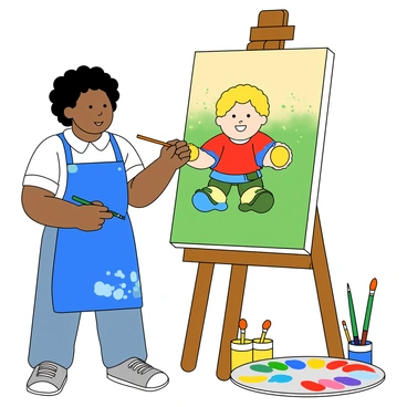 An illustrator with medium skin tone and curly black hair is focused on painting a cartoon character on a large rectangular canvas. The artist is wearing a blue apron splattered with various colors. The canvas showcases a lively scene featuring a cartoon character with bright yellow hair and a big smile. The character is dressed in a colorful outfit of red, blue, and green. Surrounding the illustrator are several paint tubes and brushes in vibrant colors, alongside a palette filled with a mix of shades. The background includes a wooden easel holding the canvas steady.