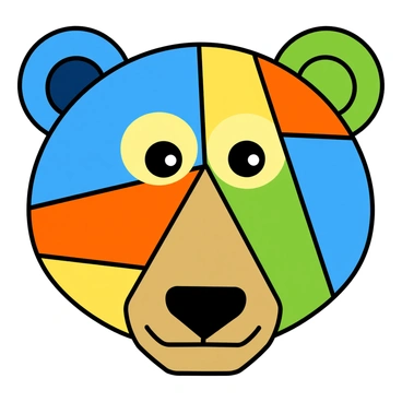 A bear's head composed of various geometric shapes, including triangles, circles, and squares. The shapes are filled with vibrant colors such as bright blue, yellow, orange, and green. The bear's eyes are circular with contrasting colors, giving it an expressive look. The snout is formed from a combination of triangles and features a small black nose at the tip. Each shape has clear outlines, enhancing the overall design. The background is a simple white, making the colorful bear's head stand out prominently.