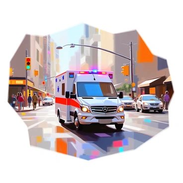 An ambulance with bright red and white markings is speeding through busy city streets, lights flashing atop it while its siren blares. The vehicle is in sharp focus, conveying a sense of urgency as it weaves between cars. Surrounding the ambulance, a blurred backdrop of tall buildings, traffic signals, and pedestrians captures the bustling activity of the city. The street is lined with parked cars and the pavement glistens as if recently wet.