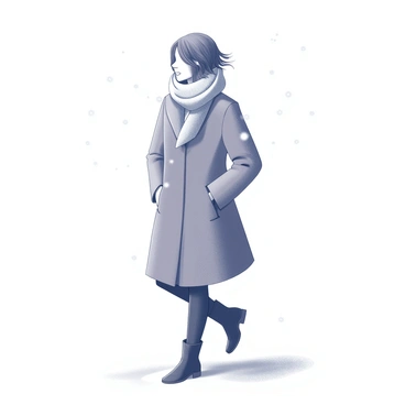 A person walking in the snow, dressed in a fashionable winter coat that has an elegant cut and a fitted silhouette. The coat is complemented by a cozy scarf wrapped around their neck, providing warmth and style. The individual has their hands tucked into the coat pockets as they navigate through the snowy landscape. Snowflakes are falling gently around them, creating a serene atmosphere. The ground is covered in a thick layer of snow, adding to the winter scene. The person's hair is slightly tousled by the cold breeze.