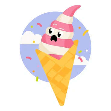 An ice cream scoop with swirls of pink and white is depicted slipping off a golden waffle cone. The scoop has wide, cartoonish eyes and a surprised mouth, expressing shock as it floats in mid-air. The background shows a bright blue sky with a few fluffy white clouds, adding to the playful atmosphere of the scene. The cone is slightly tilted, and there are colorful sprinkles scattered around the scoop in the air.