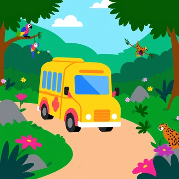 A bright yellow bus traveling along a winding dirt road through a dense jungle. The bus is adorned with colorful tropical patterns. Lush green trees with large leaves surround the bus, and vibrant flowers are scattered throughout the scene. Exotic wildlife can be seen nearby, including a pair of colorful parrots perched on a branch, a small monkey swinging from a tree, and a curious jaguar resting on a rock. Sunlight filters through the canopy, casting dappled shadows on the ground.