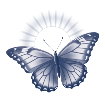 A detailed silhouette of a butterfly with open wings. The wings are intricately shaped, displaying various patterns along the edges. The butterfly is positioned in the foreground, creating a strong contrast against a large, round sun that is setting on the horizon. The sun emits rays that fan outwards, creating a striking backdrop. The sky around the sun transitions from light to dark, enhancing the silhouette effect of the butterfly.