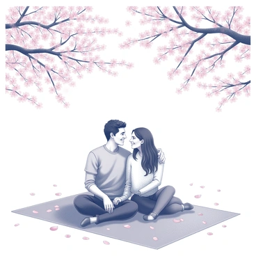 A couple sitting closely together on a picnic blanket. They are surrounded by a canopy of cherry blossoms, with branches heavy with delicate flowers arching overhead. The couple is smiling and looking at each other, exuding a sense of warmth and connection. The ground is covered with fallen petals, creating a soft, textured layer beneath them. Soft light filters through the blossoms, illuminating their faces gently.