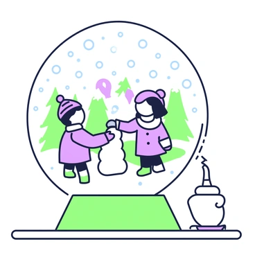 A magical scene inside a snow globe with tiny figures playing in a winter wonderland