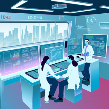 A high-tech laboratory filled with advanced equipment and glowing screens. A group of scientists with diverse appearances, wearing white lab coats, are collaborating on intricate quantum computers. They are gathered around a large workstation displaying complex data and holographic projections. The room is illuminated by bright, fluorescent lighting, and the walls are lined with shelves of scientific instruments and research materials. Large windows reveal a futuristic cityscape outside, with sleek buildings and flying vehicles. A digital clock on the wall displays the time in a futuristic format.