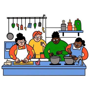 A cooking class scene in a bright kitchen with several students actively participating. In the center, a woman with light skin and big eyes, wearing a white apron over her colorful blouse, is chopping red chili peppers on a cutting board. Nearby, a man with dark skin and big eyes is stirring a pot on the stove, focused on his task. Another student, a person with medium skin and big eyes, is measuring spices on the counter with a look of concentration. The kitchen is filled with fresh ingredients, utensils, and cooking equipment, creating a lively atmosphere of collaboration and learning.