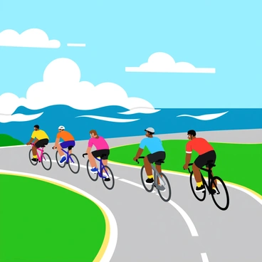 A group of cyclists in colorful jerseys racing along a coastal road. The cyclists are in various dynamic poses, showcasing their determination and speed. The road is lined with vibrant green grass on one side and a clear blue ocean on the other. Large waves are crashing against the shore, sending white foam splashing into the air. The sky is bright and sunny with a few fluffy white clouds scattered above, adding to the lively atmosphere of the scene.