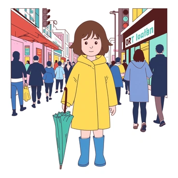 A child with brown hair is standing still in a busy street. The child is wearing a yellow raincoat and blue rubber boots, holding a teal umbrella that is closed by their side. Surrounding the child are blurred figures of people walking quickly in various directions. Brightly colored storefronts and traffic lights are visible in the background, adding to the chaotic atmosphere of the street scene. The child's expression is calm and focused, seemingly unaffected by the hustle and bustle around them.