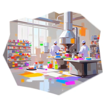 An expansive factory interior bustling with activity, dedicated to producing vibrant paints and brushes. The scene features large industrial machines mixing and processing various colored paints in containers. Workers with protective gear are operating machinery, carefully pouring pigments into jars. Shelves filled with an array of paintbrushes in different sizes and shapes line the walls. Brightly colored paint splatters can be seen on the floor and surfaces, creating a lively atmosphere. Large windows allow natural light to illuminate the workspace, enhancing the vivid colors of the paints on display.